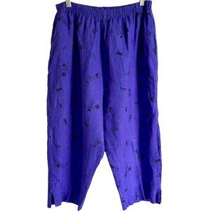 Whimsical Stick Figures Elastic Waist Capris Pants Purple with Pockets Size XL